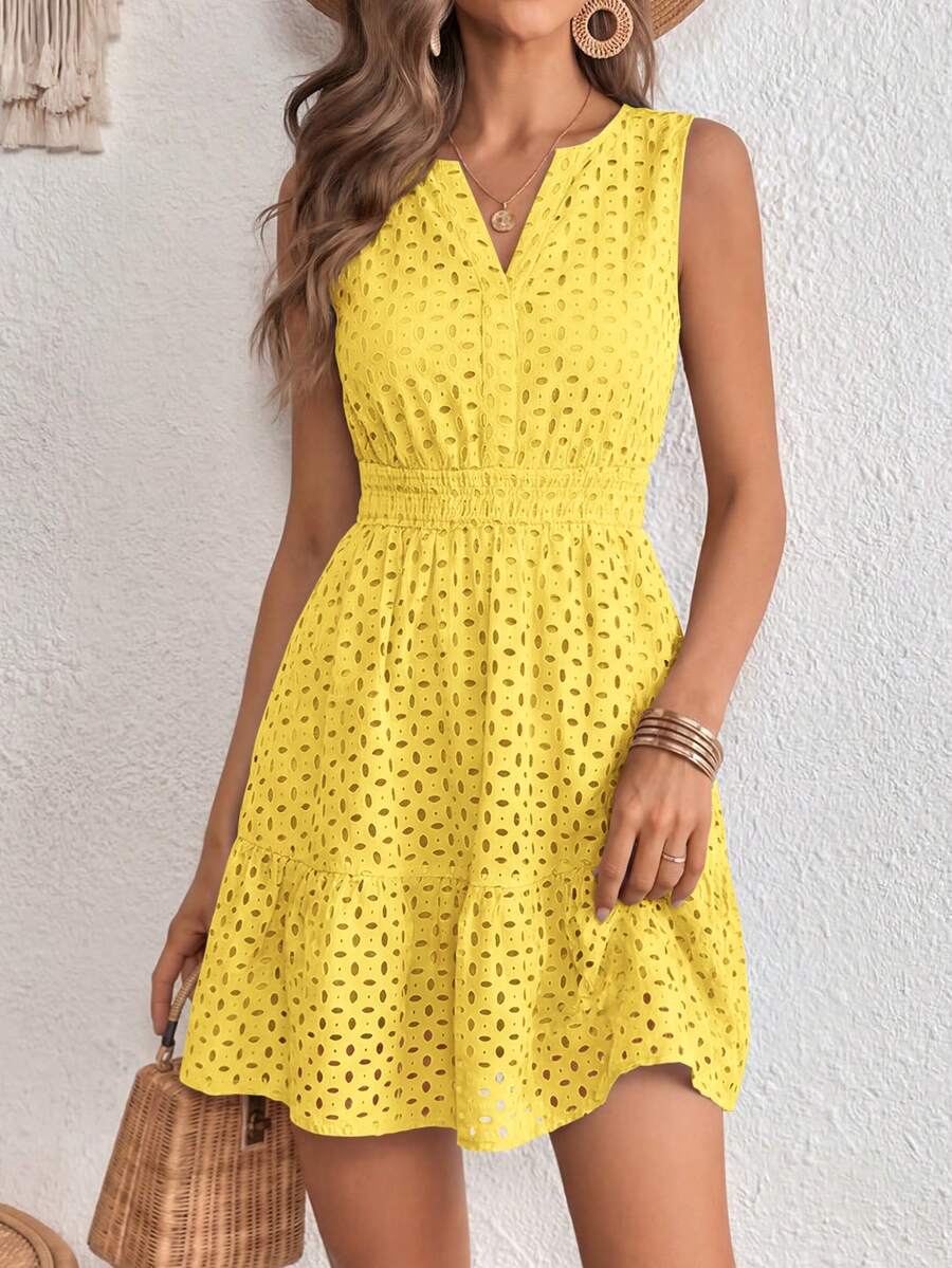 Women's Summer Dress Sleeveless V Neck Eyelet Cutout Swinging A-Line Flowy City Walks Wedding Guest Graduation Beach Vacation Sun Dress Yellow Dresses For Women - Màu vàng - Xem 1