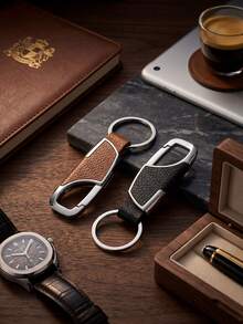 Llavero de coche de acero inoxidable y cuero - Llavero de aleación de metal duradero, disponible en marrón y negro - A - Ver 2