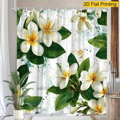 2D Flat Plumeria Shower Curtain 1Pc, White Tropical Flowers With Teal & Gold Splatter, Vibrant Leaves, Hawaiian Style Modern Bathroom Decor, Includes Hooks, 70.8 X 70.8 Inches