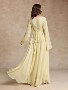[Spring/Summer Style] Best-Selling New Arrivals -Women's Elegant Ruffle Trim Tie-Waist Flare Sleeve Dress, Spring/Summer - Vàng nhạt - Xem 3