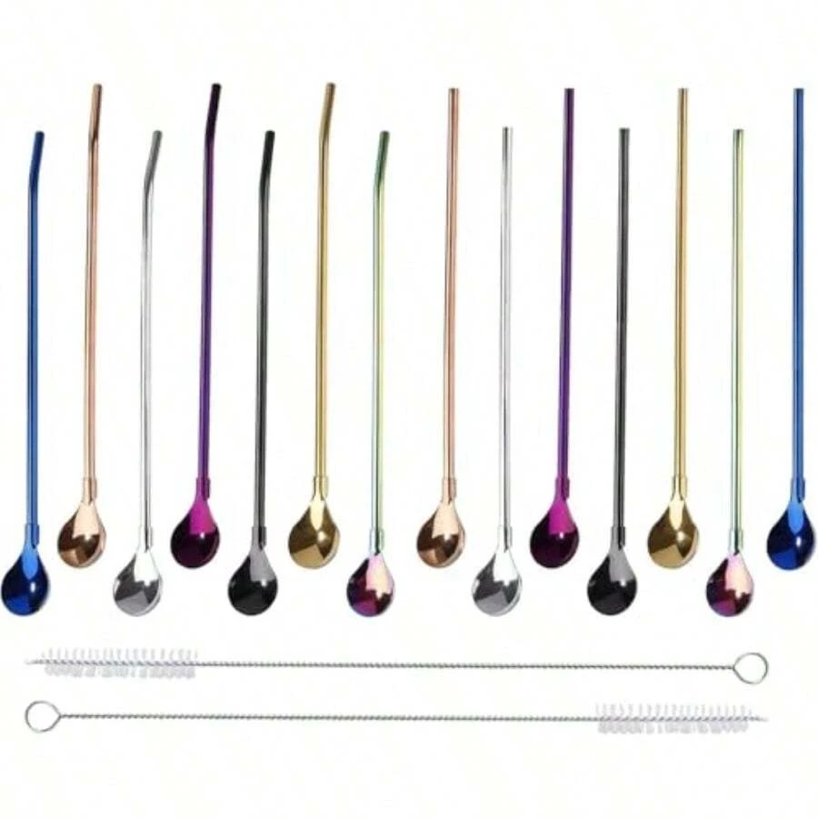 14 Piezas Pajitas con Cuchara BetterJonny 2 en 1 Reusables Popotes de Acero Inoxidable con 2 Cepillo de Limpieza para Jugo Batidos Latte Cócteles Helados 7 Colores - 7 Colores - Ver 1
