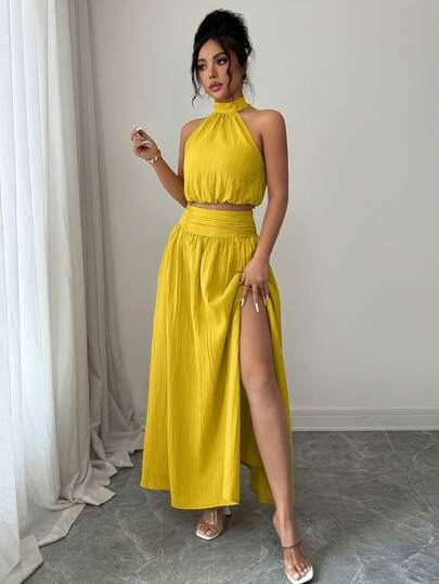 abyoxi Women's Mustard Yellow Textured Halter Backless Tie Sleeveless Crop Top And High Waist Pleated Slit Maxi Skirt Two Pieces Set, Casual Vacation, Beach, Date, Daily Wear, Spring/Summer Outfit Elegant