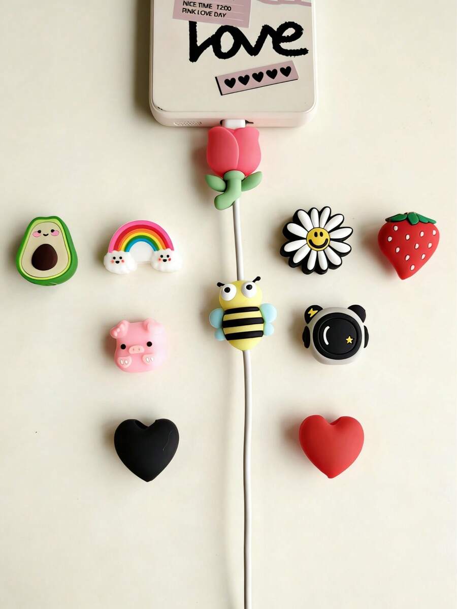 10 件卡通数据线保护套，可爱数据线防断装饰，适用于 Apple 12/13/14/15 数据线保护套，包含牛油果/蝴蝶猪/宇航员/心形/花朵款式 - 最佳礼物充电器保护套 - 彩色 - 查看 1