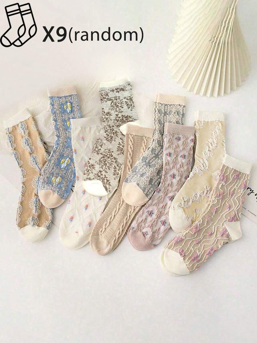 5/9 Pairs (Random Mixed) Women's Multicolor Retro Floral Elegant Versatile Polka Dot Mid-Calf Socks, Suitable For Daily Wear & Gatherings