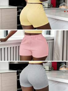 3pcs Women Elastic Waist Casual Shorts, Light Yellow & Light Pink Solid Color, Drawstring, Suitable For Spring, Autumn & Winter, Casual, Vacation, Home Summer - Light Pink/Sports Gray/Light Yellow - View 4