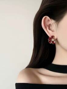 1 Pair Minimalist Oil Drop Flower Stud Earrings Suitable For Women's Daily Wear And Gatherings - Burgundy - View 4