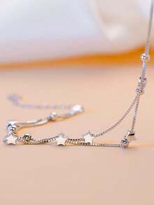 1 chiếc vòng tay bạc S925 thời trang, sáng tạo, đa năng, lãng mạn, tinh tế, hai lớp đính hạt hình ngôi sao, thích hợp cho phụ nữ đeo hàng ngày và làm quà tặng. - Bạc - Xem 5