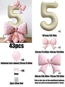 43pcs Birthday Theme 0-9 Number Balloon Set, 40-Inch Cream Color Number Foil Balloons, Pink Bow Balloons, Pink Latex Balloons, Bow Ribbon Accessories Suitable For Birthday Party, Anniversary Decoration - Birthday Suit - View 15