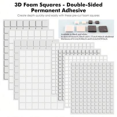 6 片装 - 651 片 3D 双面胶泡沫方块，大小方块套装，黑白两色，尺寸：0.23 英寸和 0.46 英寸，厚度：0.1 厘米/0.04 英寸和 0.2 厘米/0.078 英寸，非常适合用于剪贴簿、工艺品、模板、相册、3D 卡片制作
