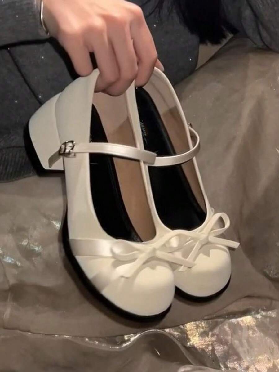 Soft Mary Jane Shoes With Bow Strap, French Lace Thick Heel Pumps Suitable For Dresses - Beige - View 1