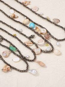 1 Set de Accesorios de Collar Colgante con Estrella de Mar y Concha Multicapa de Estilo Lujoso y Casual de Vacaciones para Mujeres - Collar de vacaciones de varias capas - Ver 4