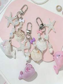 1件海洋风海星鲸鱼风铃串珠包饰，珍珠贝壳多功能包包吊坠 - 彩色 - 查看 1