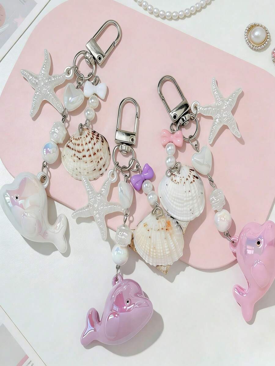 1件海洋风海星鲸鱼风铃串珠包饰，珍珠贝壳多功能包包吊坠 - 彩色 - 查看 1