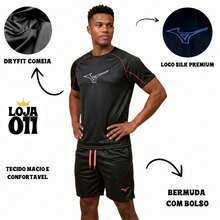Men's Dry-Fit Shirt And Shorts Set With Silk Logo For Gym - 黑色 - 查看 2
