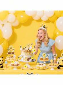 一套蜜蜂雏菊蛋糕装饰套装，包括蜜蜂、雏菊和黄白相间的球形蛋糕装饰，适用于纸杯蛋糕装饰、蜜蜂主题生日蛋糕和性别揭晓派对（请勿直接接触蛋糕，使用白色木棍）。 - 彩色 - 查看 5