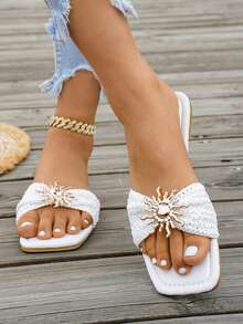 planare New Women's Fashionable Summer Minimalist White Flat Slide Sandals, Slip-On Square Toe, Suitable For Daily, Vacation And Casual Occasions - White - View 6