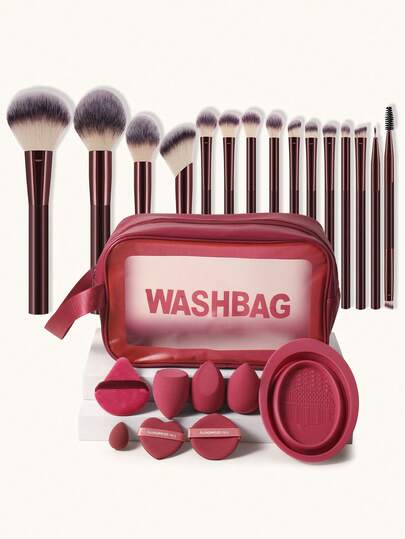 24PCS Makeup Tools Set Including:15PCS Makeup Brush Set+1pc Multi-Functional Zipper Toiletry And Cosmetic Bag Waterproof+3PCS Makeup Sponges+1pc Mini Makeup Sponges+1pc Triangle Powder Puffs+2PCS Air Cushion Powder Puff+1pc Makeup Brush Cleaning Tools