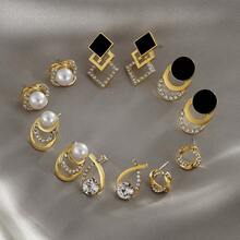 12pcs Alloy Square Earrings For Women, New Rhinestone Square Earrings, Retro Luxury Earrings, Assorted Styles - Gold - View 4