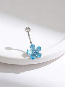 1pc Cute Water Drop Flower Belly Button Ring, Suitable For Beach, Party, Holiday Themed Outfits And Personal Style - Silver Ocean Blue - View 2