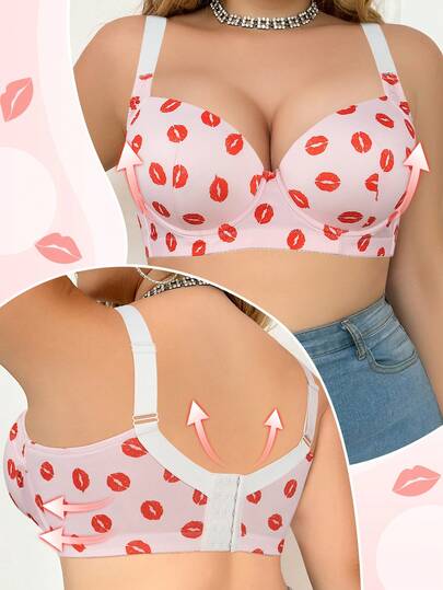 mimilemon Sujetador con aros y push-up para mujer de talla grande con estampado de labios, tirantes y cintura anchos, que levanta y da forma, realza el busto, cómodo para uso diario y ocasiones especiales