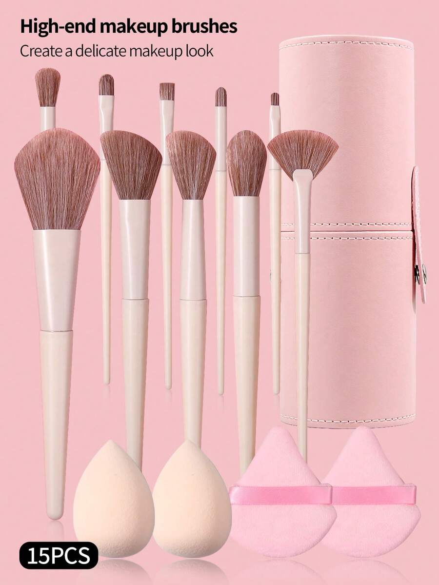 15Pcs Soft Makeup Brushes Set With Sponges, Puffs & Cup For Face & Eye Makeup