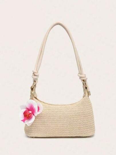 女士腋下单肩包，方形包，PU绳花朵吊坠，大容量，轻便，休闲时尚海滩度假风，适合购物和度假，沙滩包，假日草编包