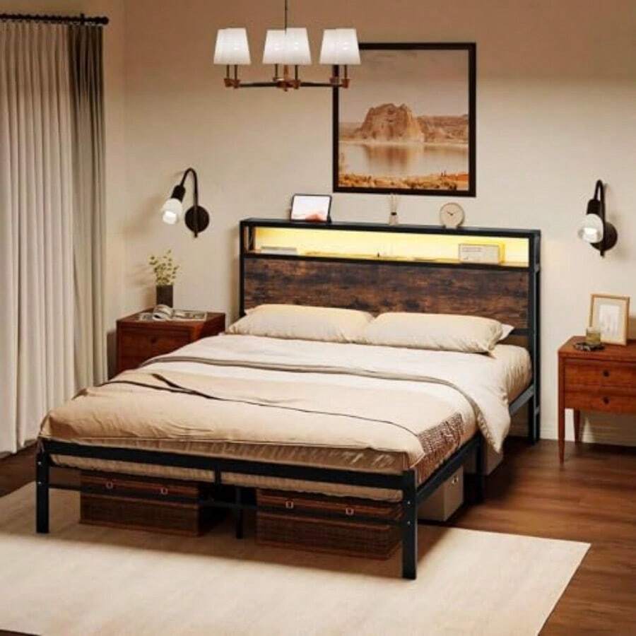 Base Cama Matrimonial Queen Size Acero Inoxidable con Luces LED 2USB+2CA Almacenamiento Doble Resistente a Chirridos Fácil Montaje para Dormitorio Queen (estándar de EE. UU. ) 175685 - Queen estndar de EE. UU. - Ver 1