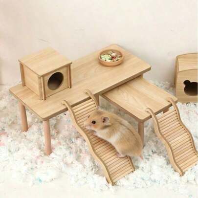 1pc Wooden Hamster Beach Theme Toy - Wave Stairs And Soft Climbing Ladder Suitable For Small Pets, Natural Wood Bridge And Fence For Cage Decor (Handmade With Natural Wood, Varied Wood Grain)