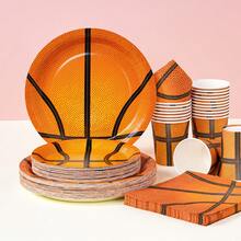 篮球图案一次性餐具套装，7/9英寸派对餐盘，一次性纸盘、纸杯、餐巾纸，适用于节日、婚礼、订婚、生日、派对、庆典等场合。 - 多色 - 查看 1