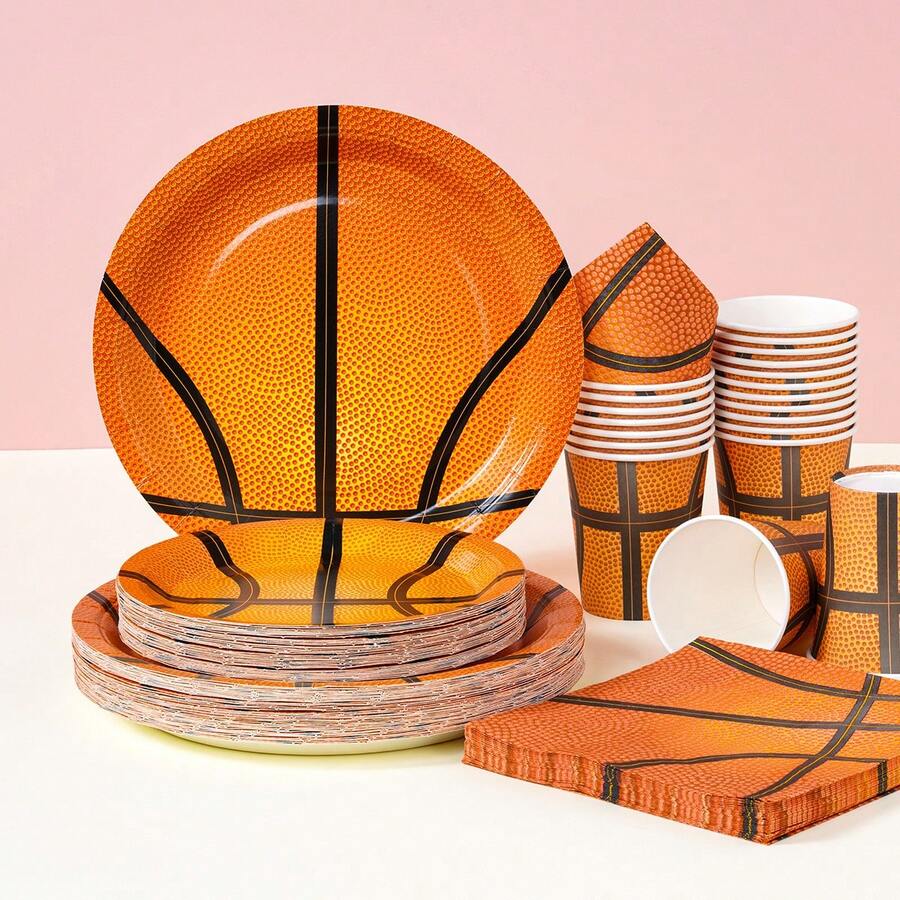 篮球图案一次性餐具套装，7/9英寸派对餐盘，一次性纸盘、纸杯、餐巾纸，适用于节日、婚礼、订婚、生日、派对、庆典等场合。 - 多色 - 查看 1