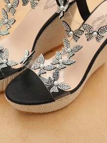 Women's Transparent Rhinestone Butterfly Wedge Sandals, Open Toe Woven Texture High Heel, Summer Party Beach Holiday Shoes - Black - View 5