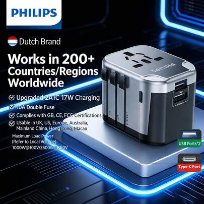 PHILIPS Bộ chuyển đổi nguồn du lịch đa năng, hỗ trợ phích cắm Anh/Mỹ/EU/Úc, thích hợp cho Nhật Bản, Hàn Quốc, Singapore, Hồng Kông, sạc nhanh 2A1C.