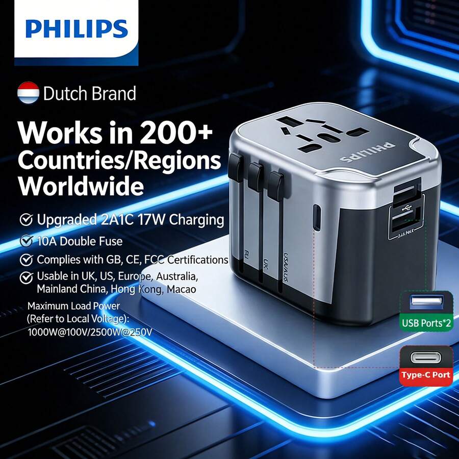 PHILIPS Bộ chuyển đổi nguồn du lịch đa năng, hỗ trợ phích cắm Anh/Mỹ/EU/Úc, thích hợp cho Nhật Bản, Hàn Quốc, Singapore, Hồng Kông, sạc nhanh 2A1C. - Nhiều màu - Xem 1