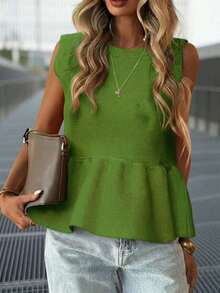 Blusa sin mangas de punto para mujer, estilo minimalista casual, unicolor, bajo con volantes, favorecedora, adecuada para ir a trabajar, citas, vacaciones, tiempo libre - Verde militar - Ver 5