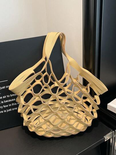 1pc Spring/Summer New Hollow-Out Tote Bag, Innovative Collapsible Design, Dual Top Handles, Suitable For Shopping, Casual, Picnic, Outdoor Activities