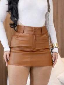 Brown Leather Mini Skirt With Front Pockets, Party Look. - 駝色 - 查看 2