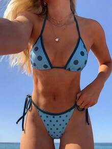 PEPPERMOLLY Summer Refreshing Blue & White Polka Dot Bikini, Spaghetti Strap Tie Triangle Cup Swimsuit, Slim Fit Whitening Girly Style Swimwear Suitable For Swimming Pool And Beach Vacation - Blue - View 1