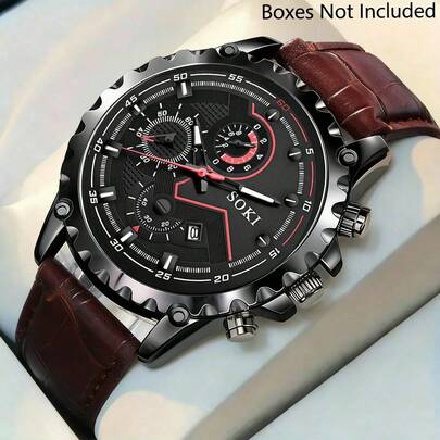 SOKI SOKI Men's Watch With Calendar Function, Fashionable Round Dial Quartz Watch, PU Strap, Suitable For Daily Wear, Birthday Gift, Party, Holiday Occasions, Ideal Choice For Yourself Or Friends (Watch Box Not Included)