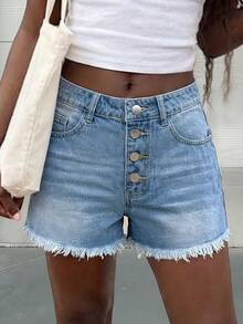 Quần short nữ denim màu sáng, kiểu dáng tối giản, cá tính, đa năng, thích hợp mặc hàng ngày và đi nghỉ mát, gấu quần tua rua, thiết kế 4 nút. - Rửa nhẹ - Xem 1
