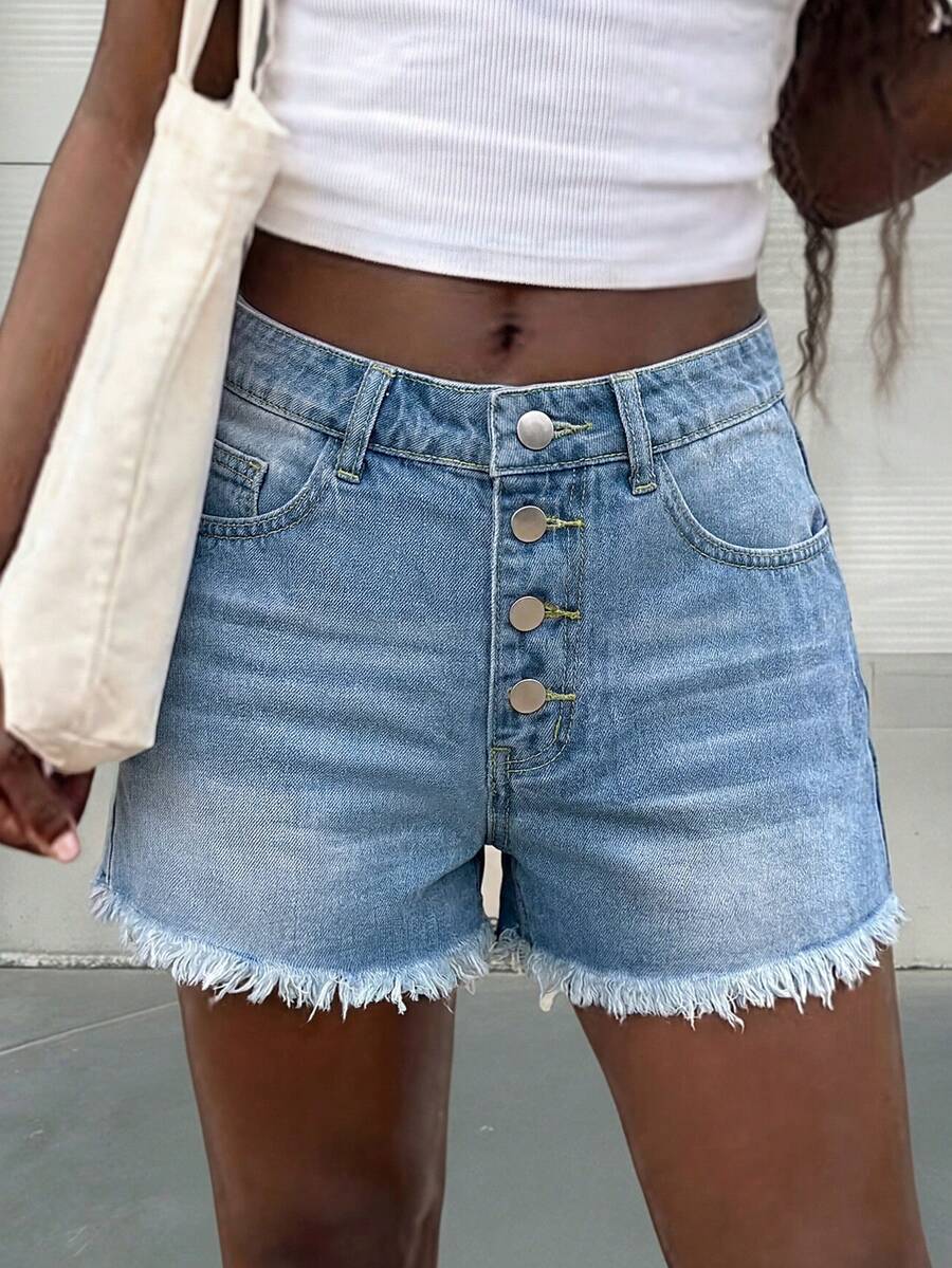 Quần short nữ denim màu sáng, kiểu dáng tối giản, cá tính, đa năng, thích hợp mặc hàng ngày và đi nghỉ mát, gấu quần tua rua, thiết kế 4 nút. - Rửa nhẹ - Xem 1