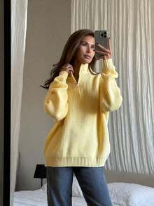 Women's Simple Ribbed Solid Color Casual Korean Textured Commuter Loose Versatile Stand Collar Zipper Half-Placket Pullover Long Sleeve Sweater, Spring/Autumn/Winter - 黃色 - 查看 4