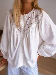 Look Polly 女士春夏法式柔和纹理棉质镂空蕾丝花边荷叶边泡泡袖衬衫白色休闲度假装 - 白色 - 查看 4
