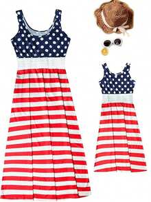 4th Of July Mommy And Me Matching Dress Family Matching Outfits Striped And Stars Print Sleeveless Long Maxi Dress For Women And Kids Girls Party Dress - Màu xanh lam - Xem 11