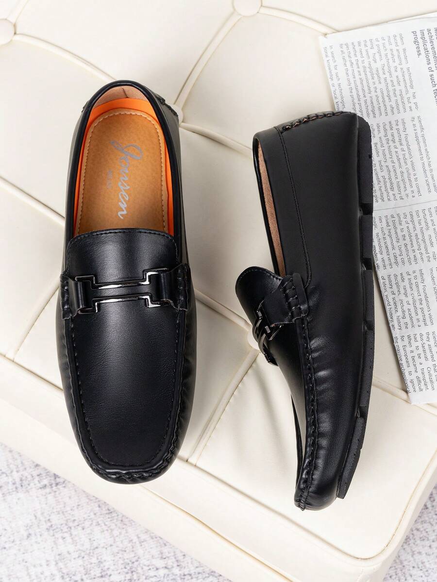 SHOESMALL Men's Driving Black Loafers Casual Slip On Lightweight Boat Shoes Metal Buckle Boat Loafer Soft Penny Shoes For Men - 黑色 - 查看 1