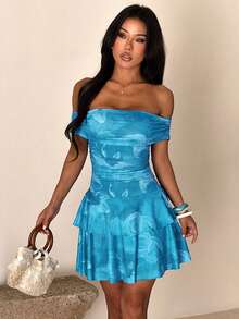 1pc Bright Color Floral Print Pleated Sleeveless Summer Dress - Light Blue - View 5