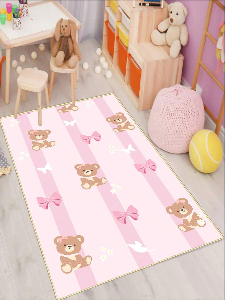 1件可爱小熊儿童地毯，粉色条纹蝴蝶结印花婴儿垫，柔软防滑可水洗游戏垫，适用于女孩卧室、婴儿房、游戏室，尺寸80x160厘米 - 彩色 - 查看 1