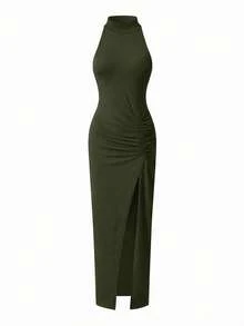 EARO Women's Black Sleeveless Bodycon Long Dress, Side Slit Design, Ruched Details, Fashionable And Versatile Party Elegant Summer - Army Green - View 2