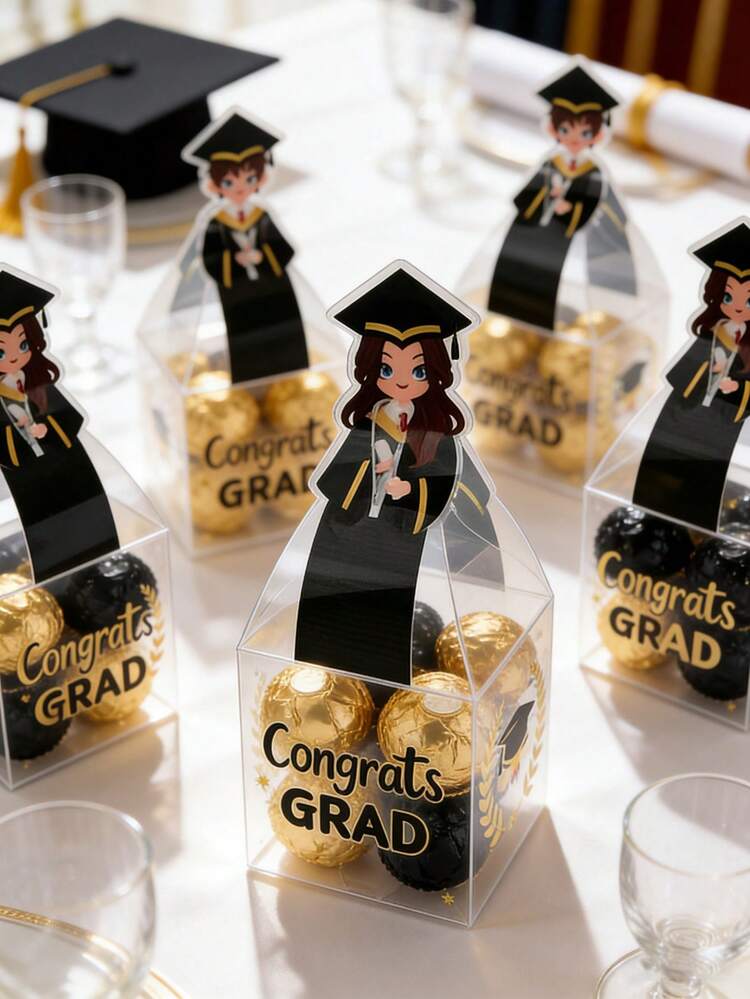 20 piezas Cajas de regalo para fiesta de graduación, cajas de caramelo de PVC transparente con patrón de graduado de dibujos animados, cajas de regalo de felicitación para graduados, adecuadas para la decoración de la celebración de graduación de la clase de 2026, decoración de fiesta de graduación - multicolor - Añade 4