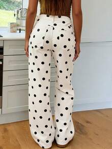 Polka Dot Jeans Women Y2K Print High Waisted Wide Leg Denim Pants Vintage Stretchy Boyfriend Jeans 90s Streetwear - 白色 - 查看 2
