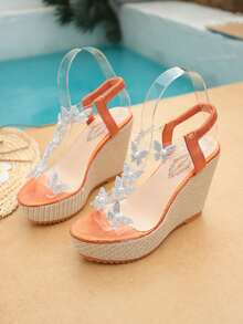 Women's Transparent Rhinestone Butterfly Wedge Sandals, Open Toe Woven Texture High Heel, Summer Party Beach Holiday Shoes - Orange-red - View 10